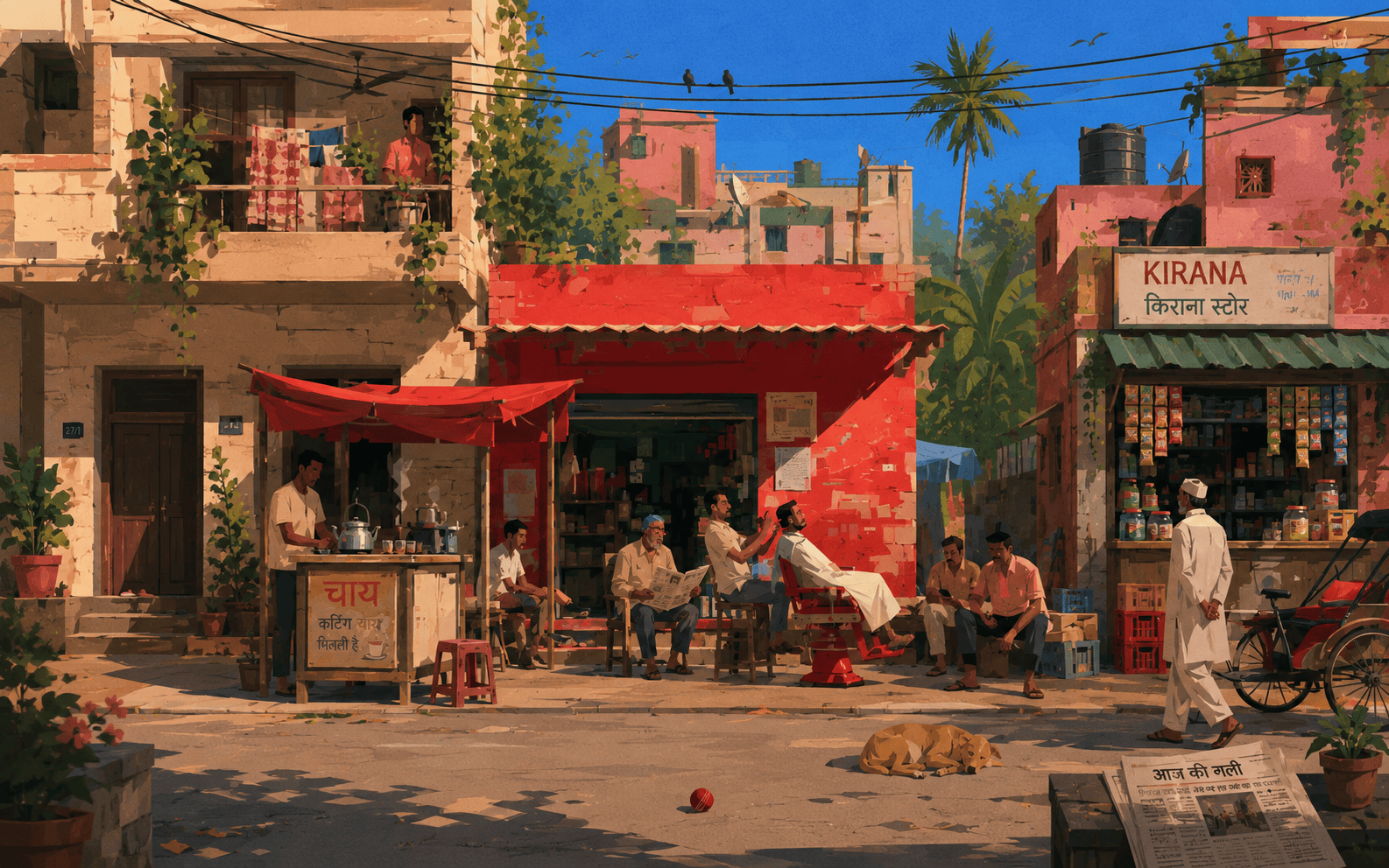 Illustrated Indian street corner with a barber shop at dusk
